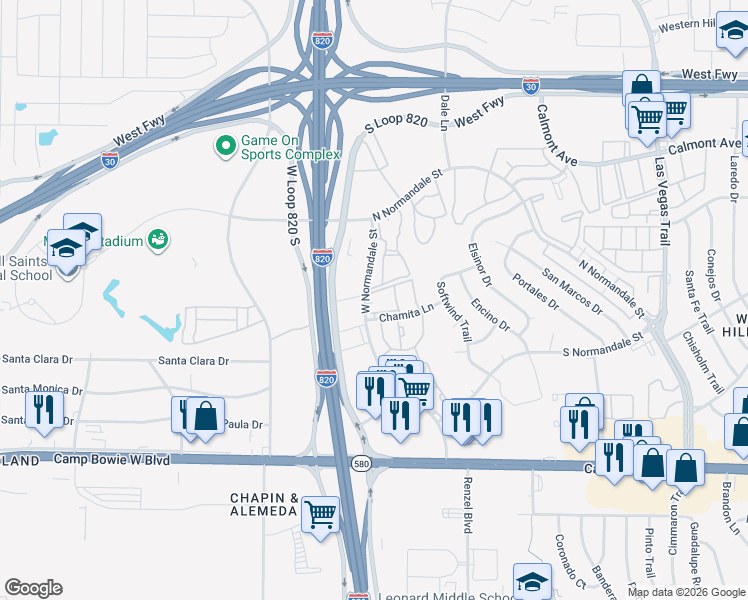 map of restaurants, bars, coffee shops, grocery stores, and more near 9208 Colt Street in Fort Worth