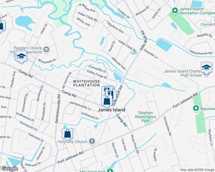 map of restaurants, bars, coffee shops, grocery stores, and more near 1273 Hampshire Road in Charleston