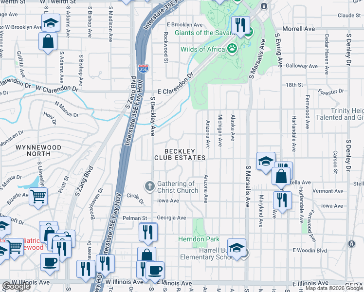 map of restaurants, bars, coffee shops, grocery stores, and more near 1419 Ramsey Avenue in Dallas