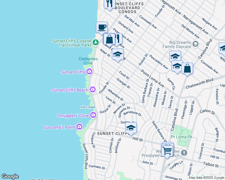 map of restaurants, bars, coffee shops, grocery stores, and more near 4544 Alhambra Street in San Diego
