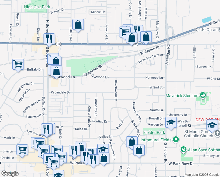map of restaurants, bars, coffee shops, grocery stores, and more near 2009 Pecandale Drive in Arlington