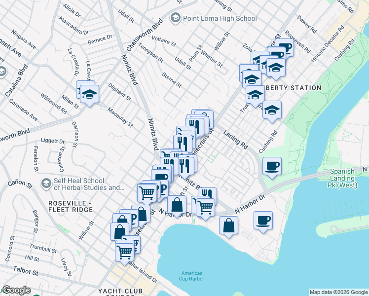 map of restaurants, bars, coffee shops, grocery stores, and more near 3022 Newell Street in San Diego