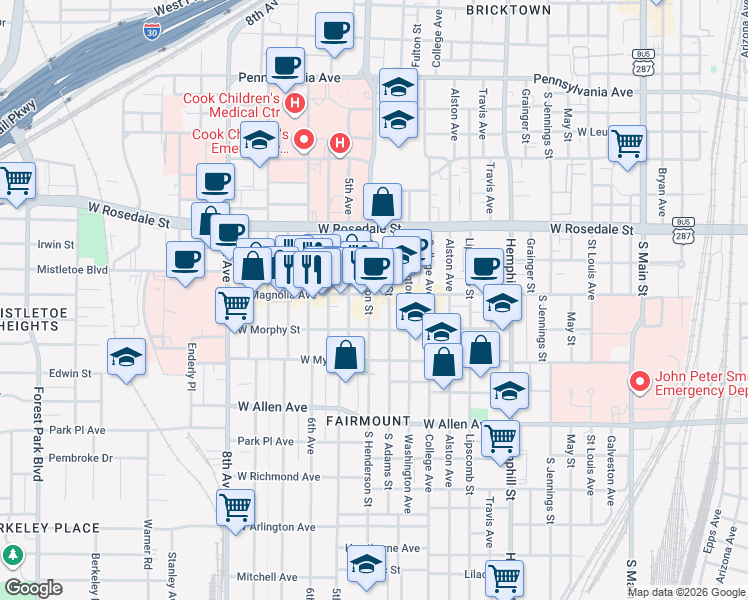 map of restaurants, bars, coffee shops, grocery stores, and more near 1312 South Henderson Street in Fort Worth