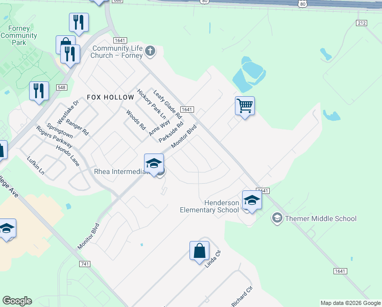 map of restaurants, bars, coffee shops, grocery stores, and more near Monitor Boulevard in Forney