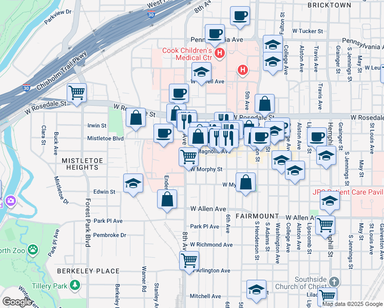 map of restaurants, bars, coffee shops, grocery stores, and more near 1315 Hurley Avenue in Fort Worth