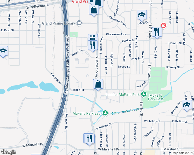 map of restaurants, bars, coffee shops, grocery stores, and more near 1111 South Carrier Parkway in Grand Prairie
