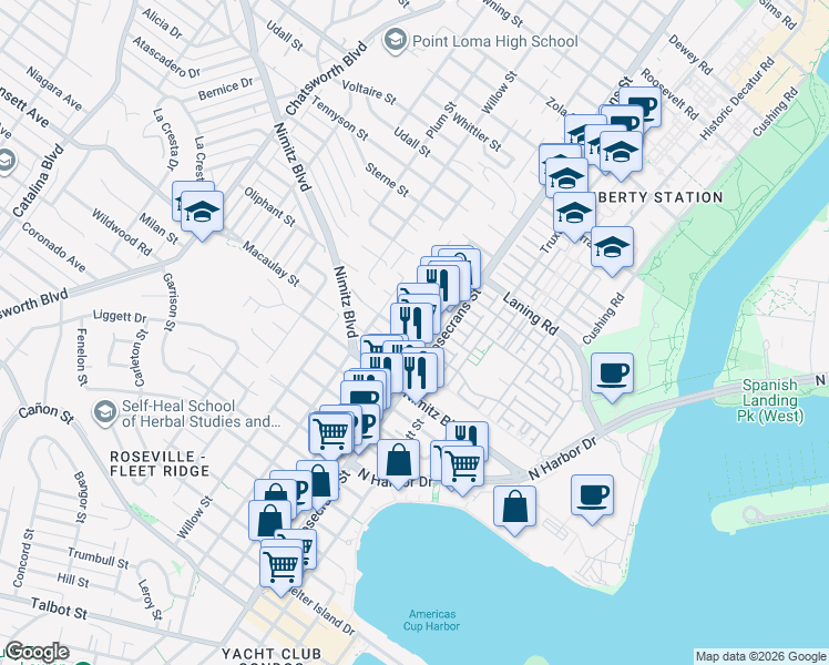 map of restaurants, bars, coffee shops, grocery stores, and more near 3040 Newell Street in San Diego