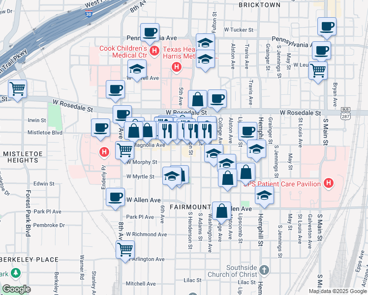 map of restaurants, bars, coffee shops, grocery stores, and more near 1227 West Magnolia Avenue in Fort Worth