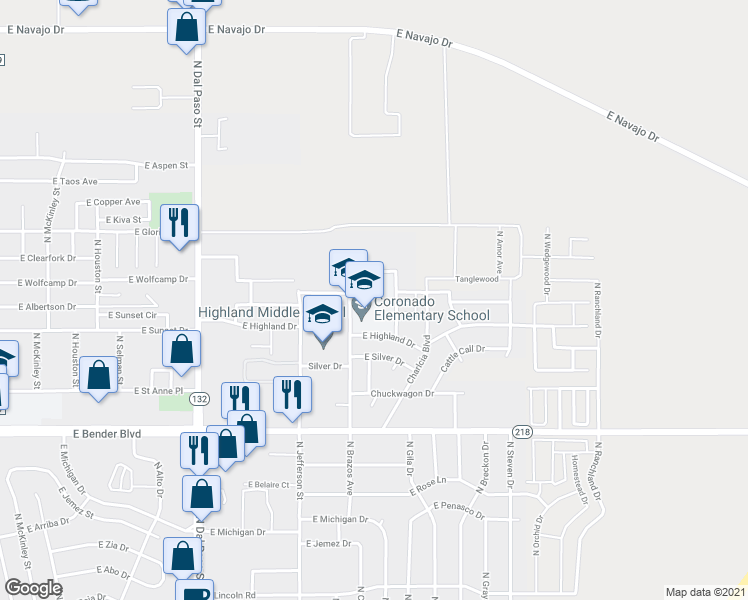 map of restaurants, bars, coffee shops, grocery stores, and more near 2600 N Brazos Dr in Hobbs