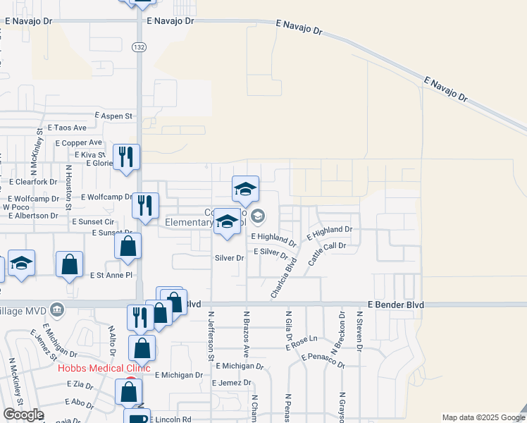 map of restaurants, bars, coffee shops, grocery stores, and more near 2600 North Brazos Avenue in Hobbs