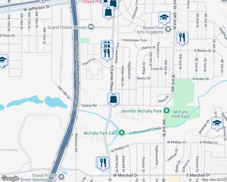 map of restaurants, bars, coffee shops, grocery stores, and more near 1109 South Carrier Parkway in Grand Prairie