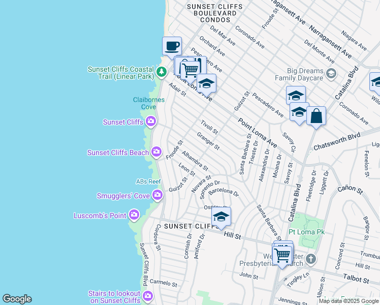map of restaurants, bars, coffee shops, grocery stores, and more near 4544 Alhambra Street in San Diego