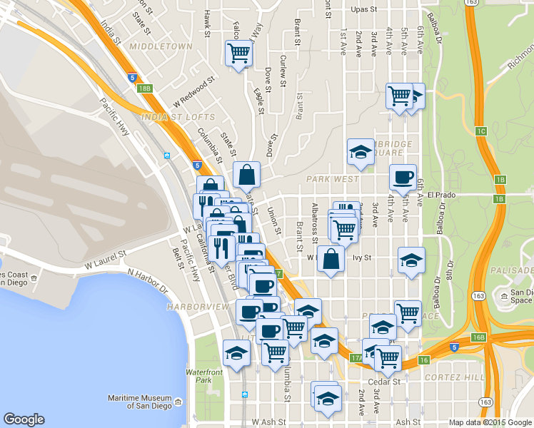 map of restaurants, bars, coffee shops, grocery stores, and more near 2345 Union Street in San Diego