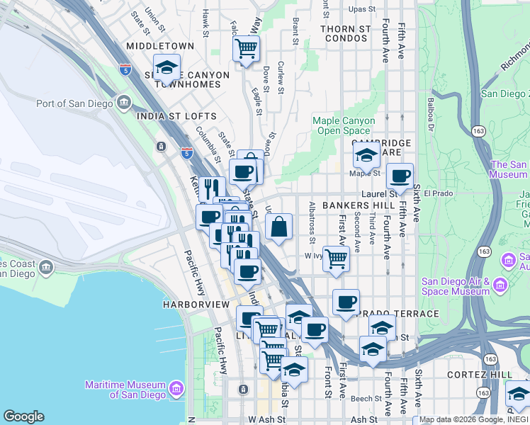 map of restaurants, bars, coffee shops, grocery stores, and more near 2430 Union Street in San Diego