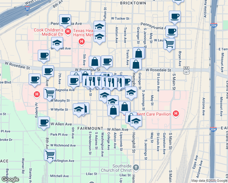 map of restaurants, bars, coffee shops, grocery stores, and more near 1315 College Avenue in Fort Worth