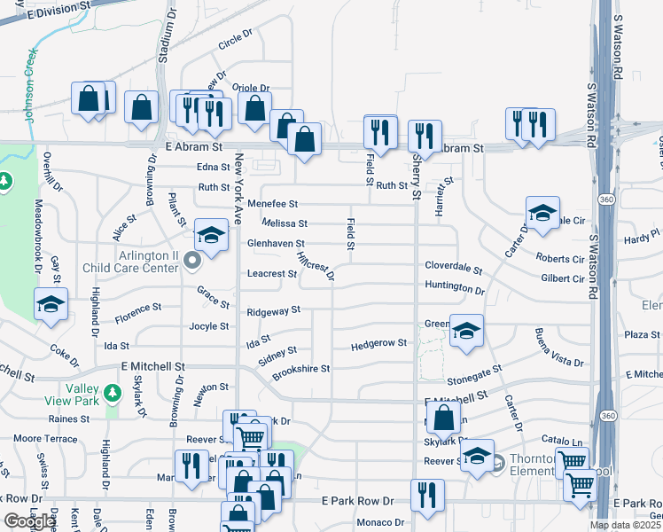 map of restaurants, bars, coffee shops, grocery stores, and more near 503 Hillcrest Drive in Arlington