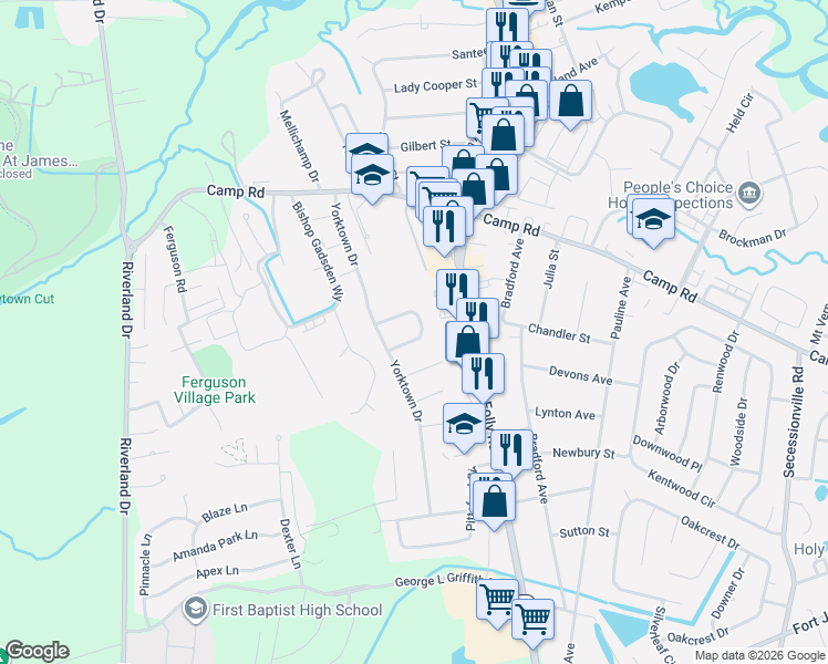 map of restaurants, bars, coffee shops, grocery stores, and more near 1815 South Mayflower Drive in Charleston