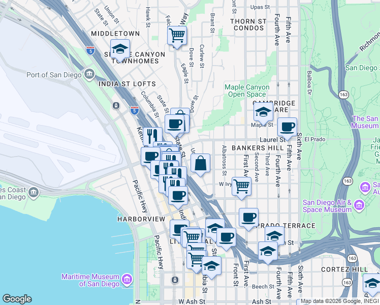 map of restaurants, bars, coffee shops, grocery stores, and more near 2430 Union Street in San Diego