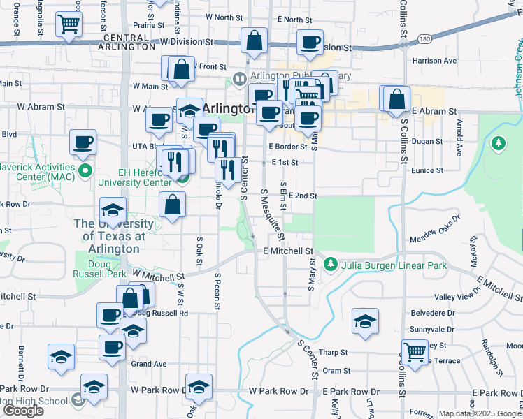 map of restaurants, bars, coffee shops, grocery stores, and more near 201 East 3rd Street in Arlington