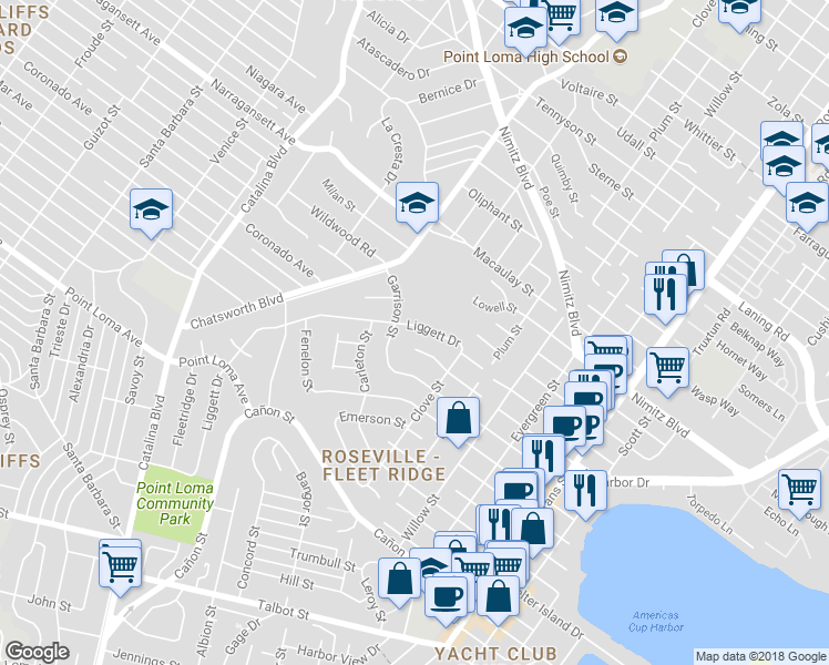 map of restaurants, bars, coffee shops, grocery stores, and more near 3575 Liggett Drive in San Diego
