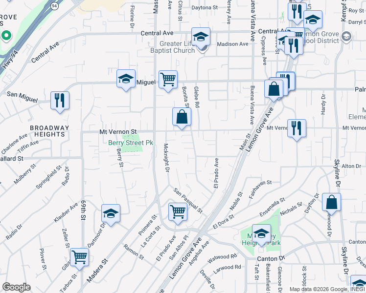 map of restaurants, bars, coffee shops, grocery stores, and more near 7302 Sarajayne Lane in Lemon Grove