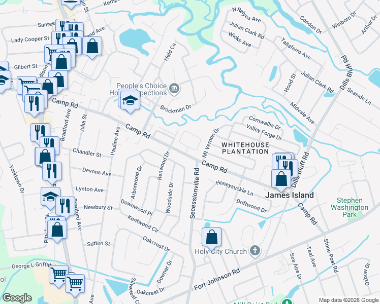 map of restaurants, bars, coffee shops, grocery stores, and more near 1021 Mount Vernon Drive in Charleston