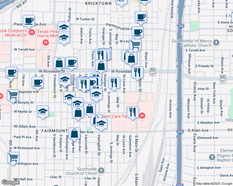 map of restaurants, bars, coffee shops, grocery stores, and more near 1314 May Street in Fort Worth