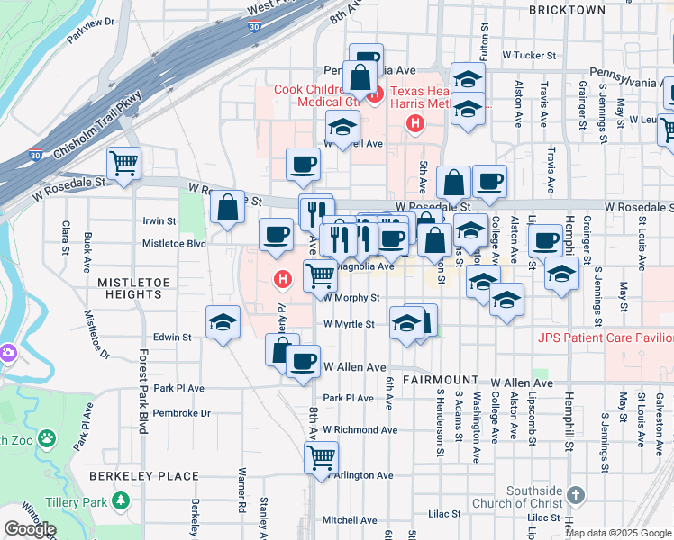map of restaurants, bars, coffee shops, grocery stores, and more near 1315 Hurley Avenue in Fort Worth