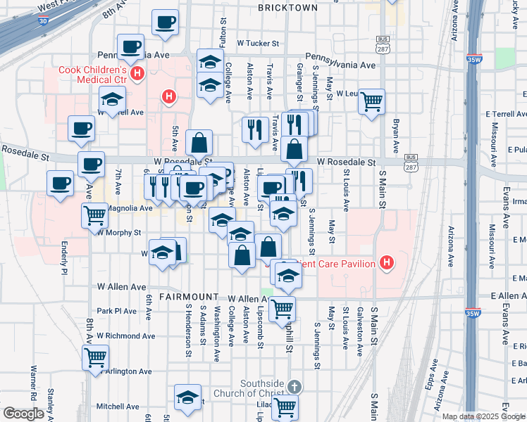 map of restaurants, bars, coffee shops, grocery stores, and more near 815 West Magnolia Avenue in Fort Worth