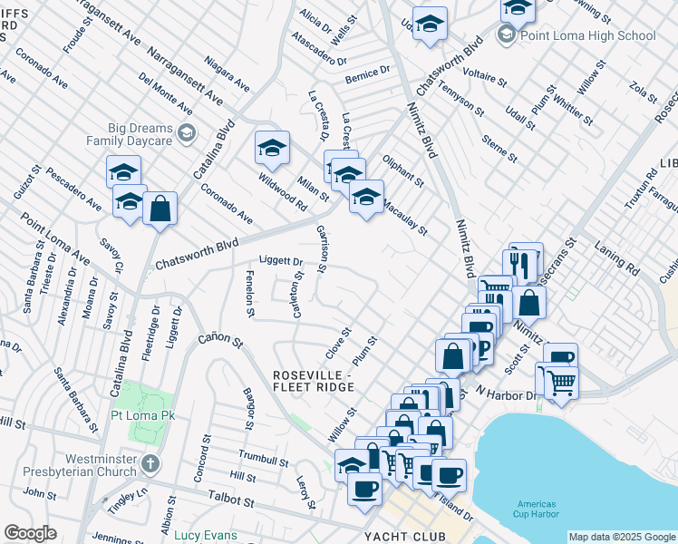 map of restaurants, bars, coffee shops, grocery stores, and more near 3575 Liggett Drive in San Diego
