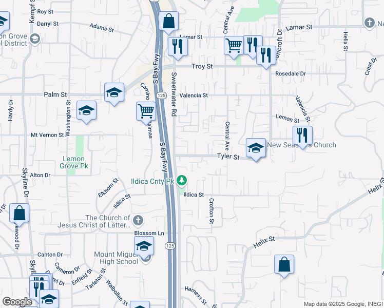 map of restaurants, bars, coffee shops, grocery stores, and more near 8645 Tyler Street in Spring Valley