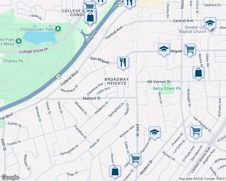 map of restaurants, bars, coffee shops, grocery stores, and more near 6781 Pilot Way in San Diego
