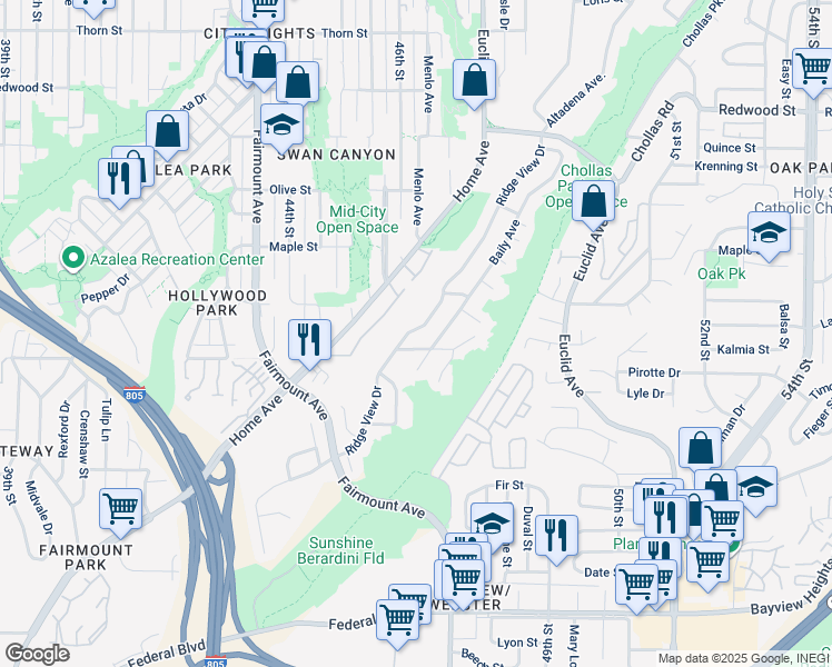 map of restaurants, bars, coffee shops, grocery stores, and more near 4646 Wendell Street in San Diego