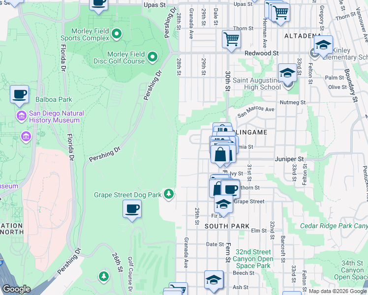 map of restaurants, bars, coffee shops, grocery stores, and more near 2828 Juniper Street in San Diego