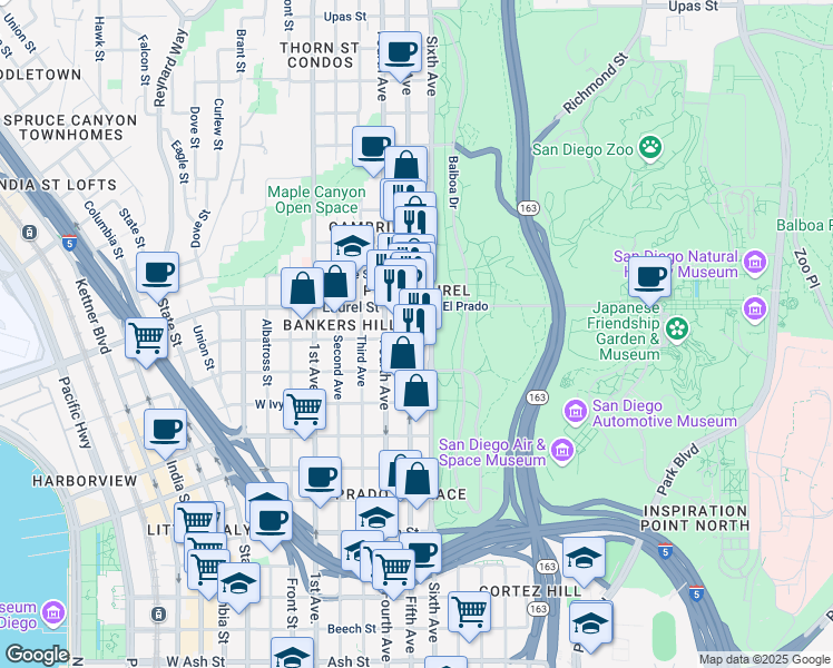 map of restaurants, bars, coffee shops, grocery stores, and more near in San Diego