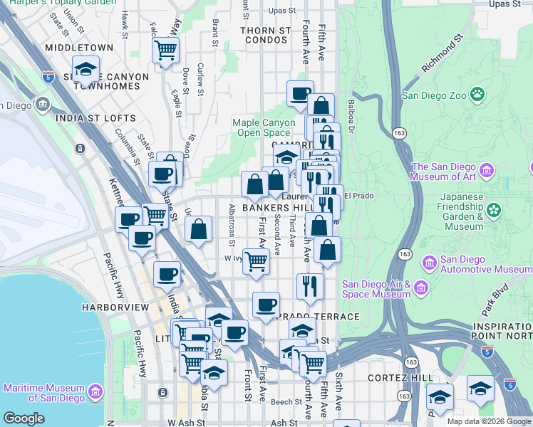 map of restaurants, bars, coffee shops, grocery stores, and more near in San Diego