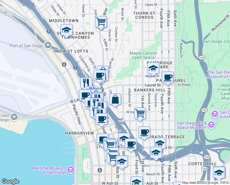 map of restaurants, bars, coffee shops, grocery stores, and more near 2345 Union Street in San Diego
