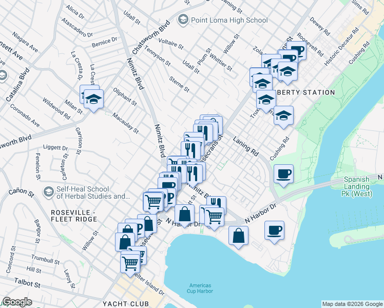 map of restaurants, bars, coffee shops, grocery stores, and more near 3022 Newell Street in San Diego