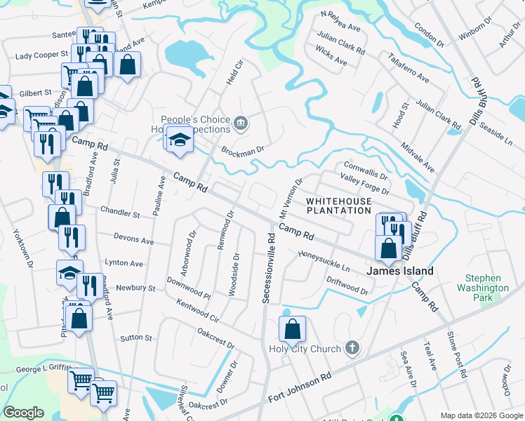 map of restaurants, bars, coffee shops, grocery stores, and more near 1021 Mount Vernon Drive in Charleston