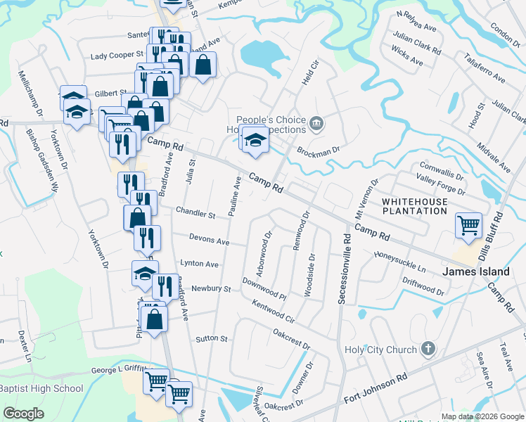map of restaurants, bars, coffee shops, grocery stores, and more near 1464 Kentwood Circle in Charleston