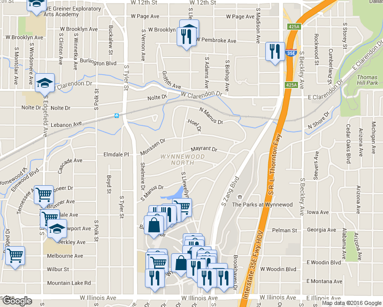 map of restaurants, bars, coffee shops, grocery stores, and more near 541 Woolsey Drive in Dallas