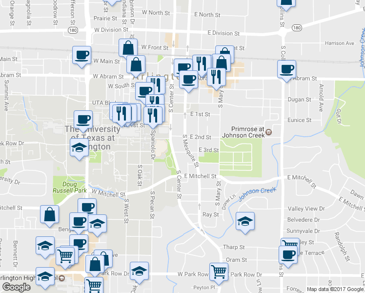 map of restaurants, bars, coffee shops, grocery stores, and more near 202 East 3rd Street in Arlington