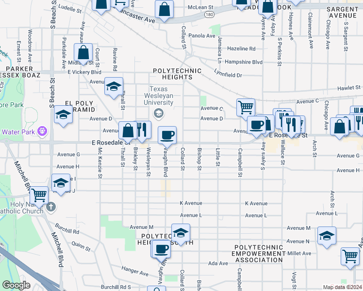map of restaurants, bars, coffee shops, grocery stores, and more near 3301 Avenue G in Fort Worth