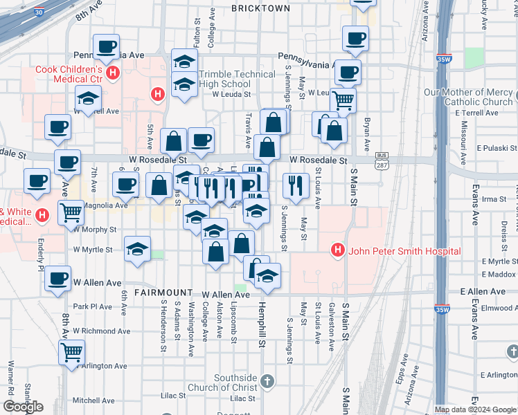 map of restaurants, bars, coffee shops, grocery stores, and more near 1308 Hemphill Street in Fort Worth
