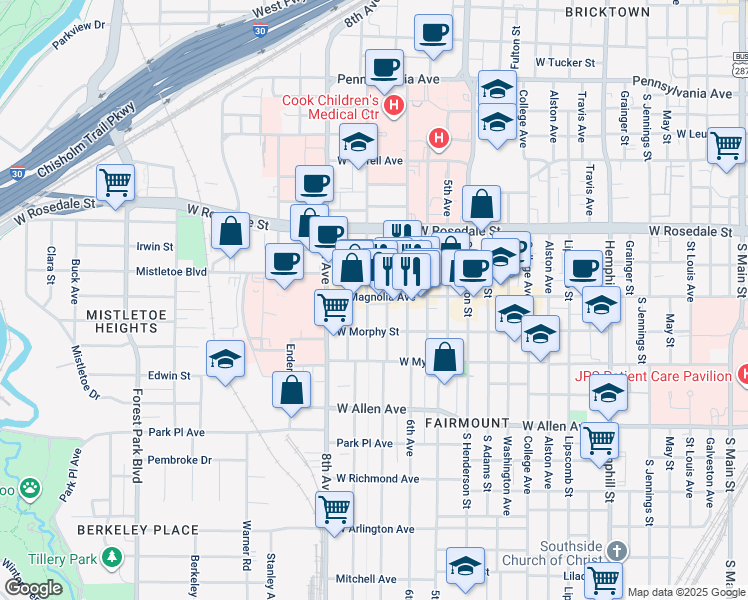 map of restaurants, bars, coffee shops, grocery stores, and more near 1315 Fairmount Avenue in Fort Worth
