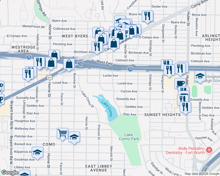map of restaurants, bars, coffee shops, grocery stores, and more near 5217 Curzon Avenue in Fort Worth