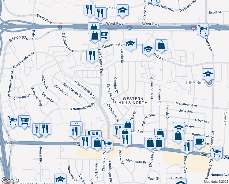 map of restaurants, bars, coffee shops, grocery stores, and more near 3100 Conejos Drive in Fort Worth
