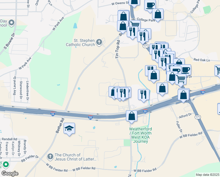 map of restaurants, bars, coffee shops, grocery stores, and more near 360 Kirkpatrick Dr. in Weatherford