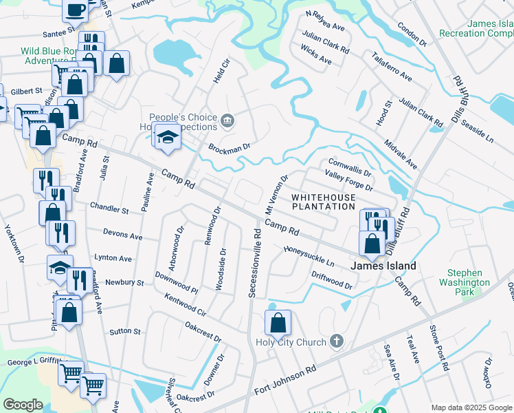 map of restaurants, bars, coffee shops, grocery stores, and more near 1021 Mount Vernon Drive in Charleston