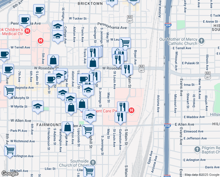 map of restaurants, bars, coffee shops, grocery stores, and more near 315 West Magnolia Avenue in Fort Worth